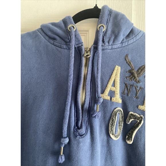 Y2K American Eagle Men's Large Navy Quarter Zip Pullover Hoodie Sweater Patch - Picture 3 of 8